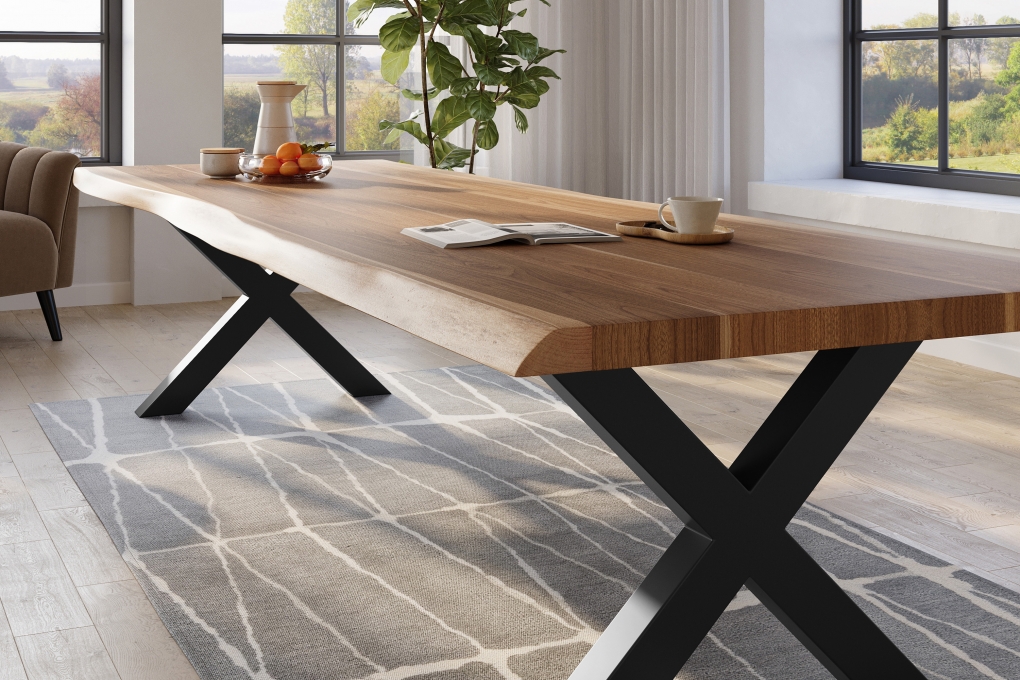 Esstisch Baumkante massiv Akazie natur 320 x 120 X-Gestell Metall schwarz TITAN itemprop=