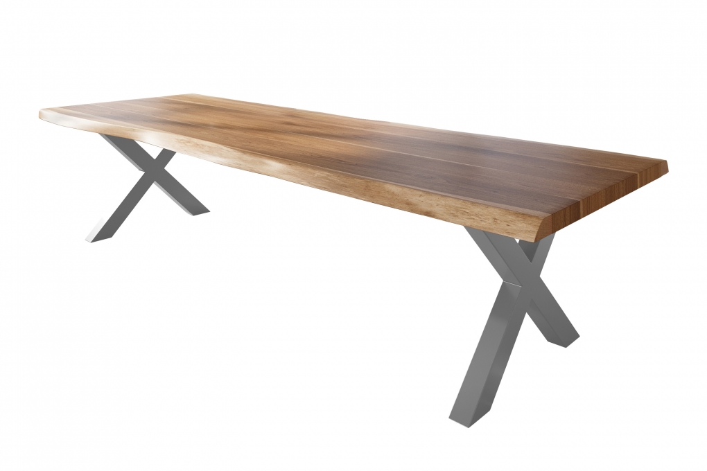 Esstisch Baumkante massiv Akazie natur 350 x 120 X-Gestell Metall silber TITAN itemprop=