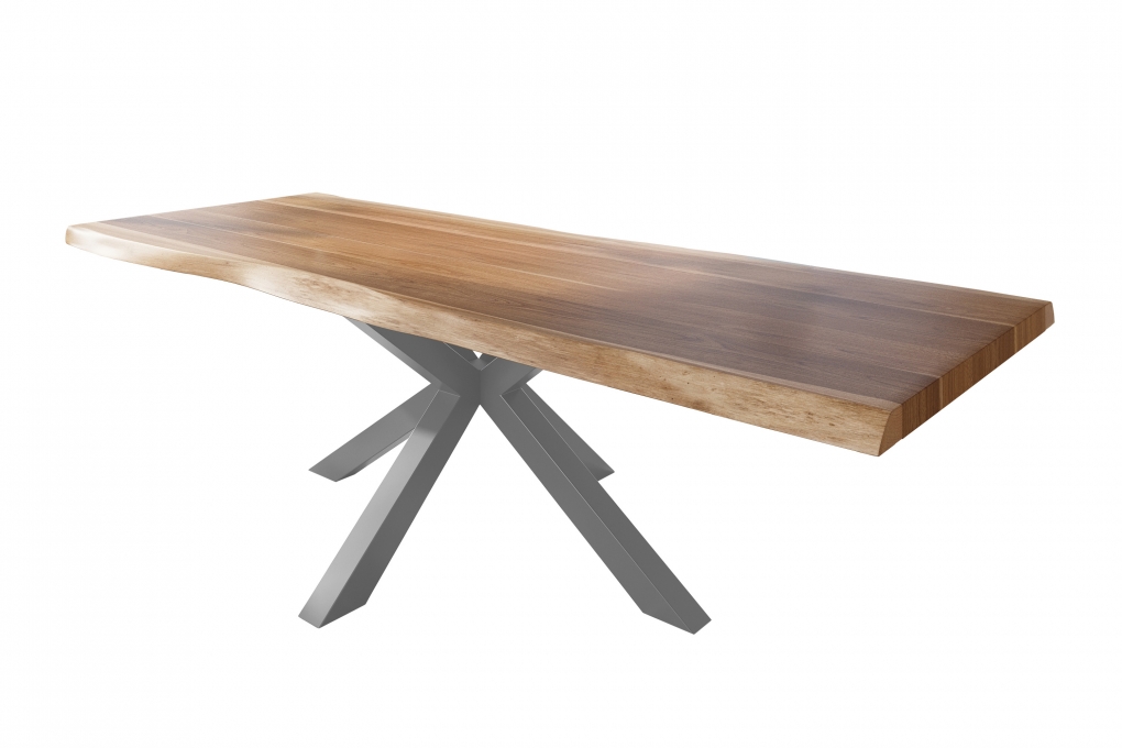 Esstisch Baumkante massiv Akazie natur 300 x 120 Spider-Gestell Metall silber TITAN itemprop=