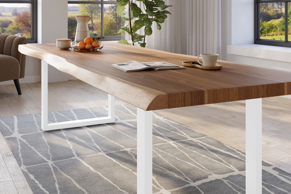 Esstisch Baumkante massiv Akazie natur 280 x 120 U-Gestell Metall weiß TITAN itemprop=