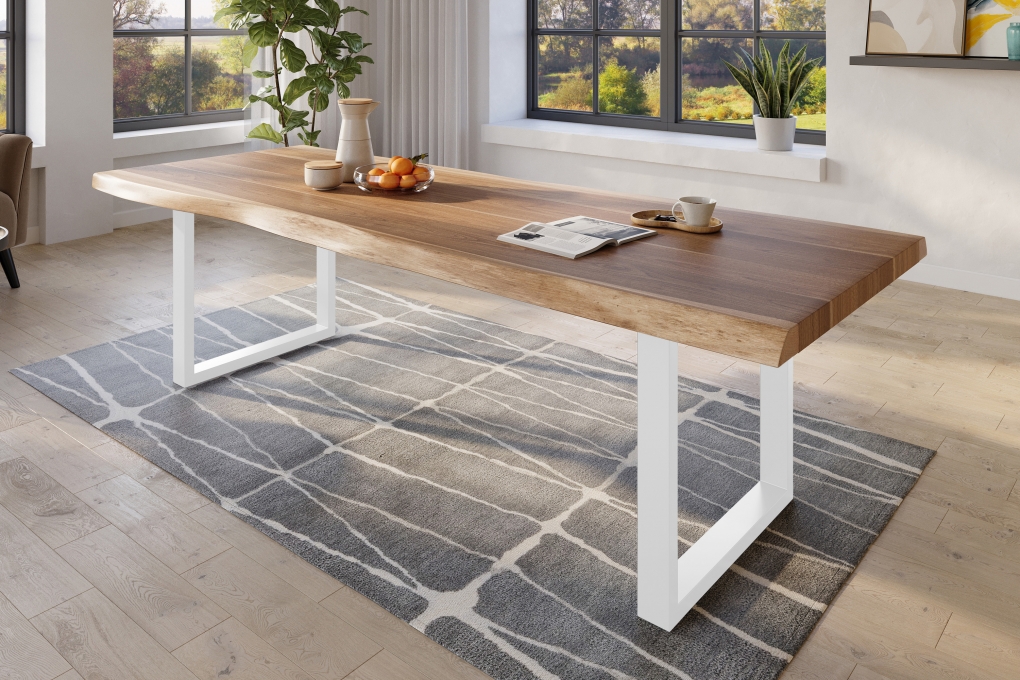 Esstisch Baumkante massiv Akazie natur 300 x 120 U-Gestell Metall weiß TITAN itemprop=