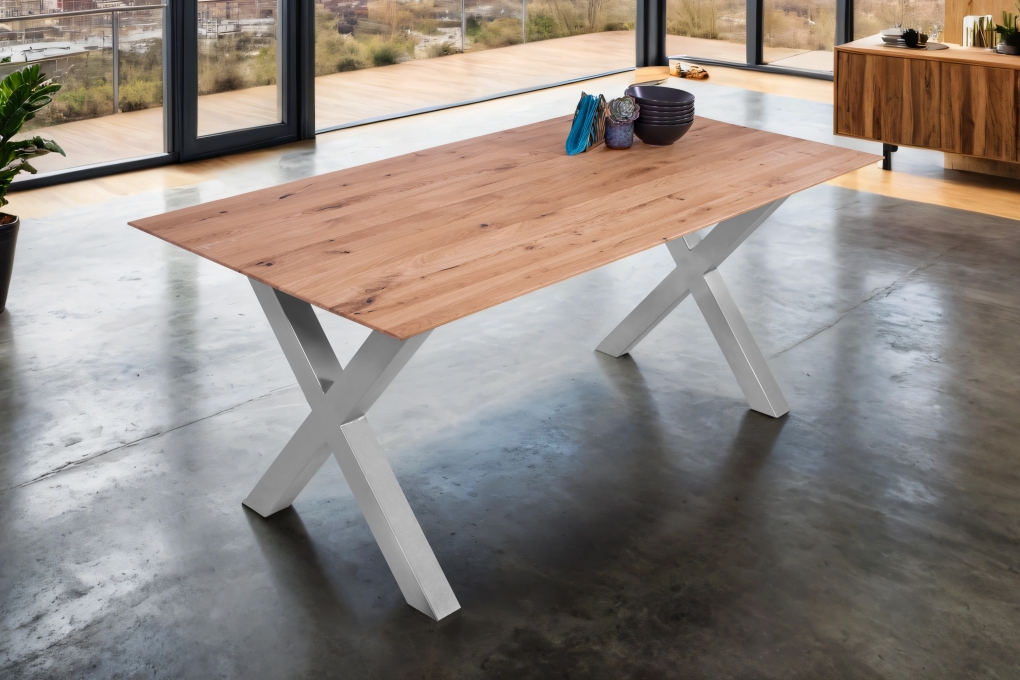 Esszimmertisch Schweizer Kante eckig massiv & geölt Eiche 200x100 silber X-Gestell Lotte itemprop=