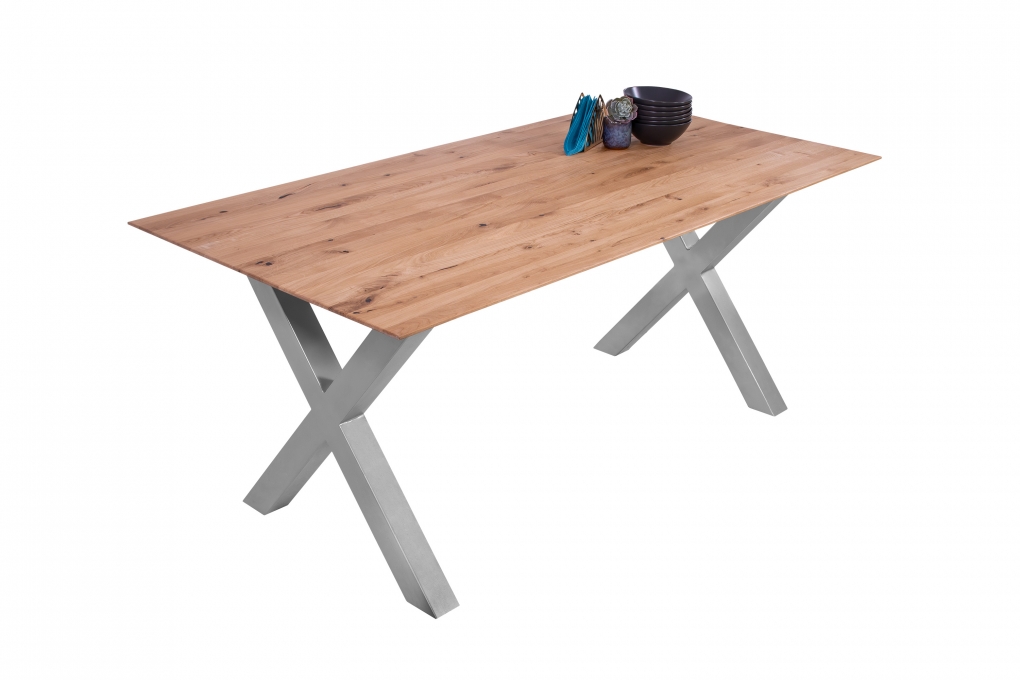 Esszimmertisch Schweizer Kante eckig massiv & geölt Eiche 180x90 silber X-Gestell Lotte itemprop=