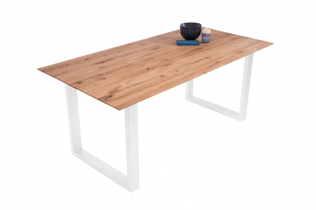 Esszimmertisch Schweizer Kante eckig massiv & geölt Eiche 180x90 weiß U-Gestell Lotte itemprop=
