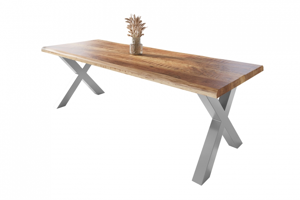Esstisch Baumkante massiv Mango rough 260 x 100 X-Gestell silber ATLAS itemprop=