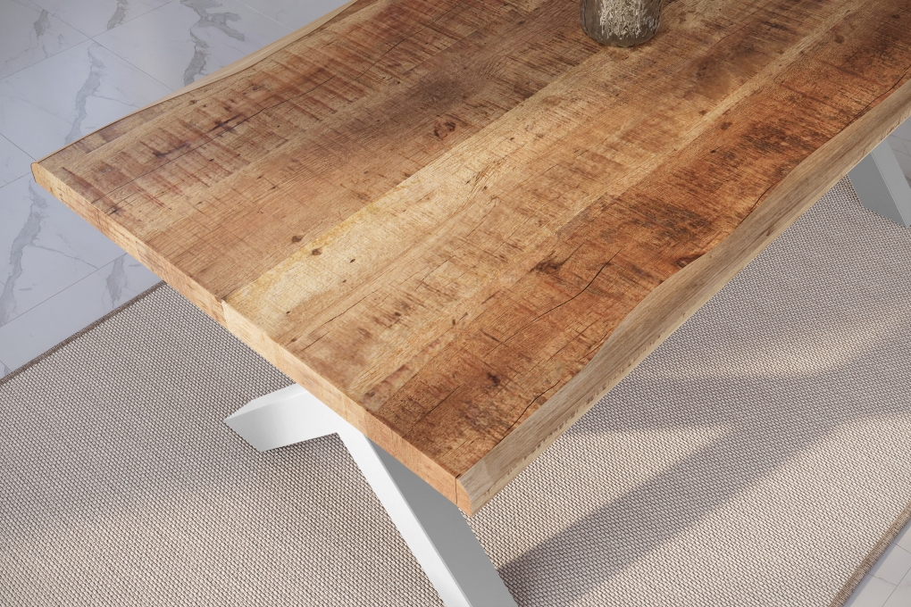 Esstisch Baumkante massiv Mango rough 220 x 100 X-Gestell silber ATLAS itemprop=
