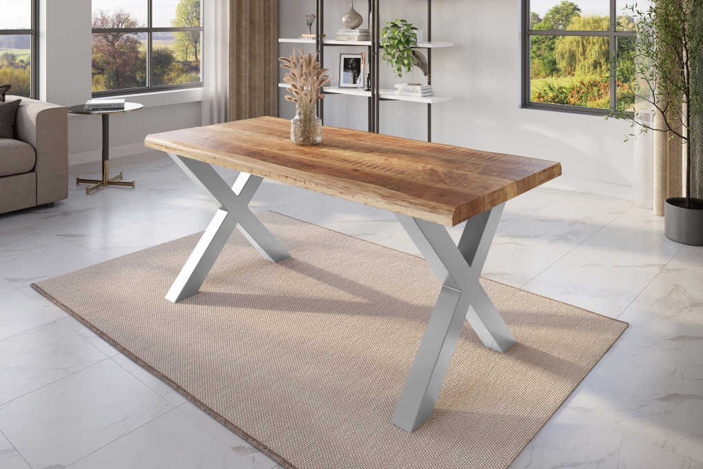 Esstisch Baumkante massiv Mango rough 200 x 100 X-Gestell silber ATLAS itemprop=