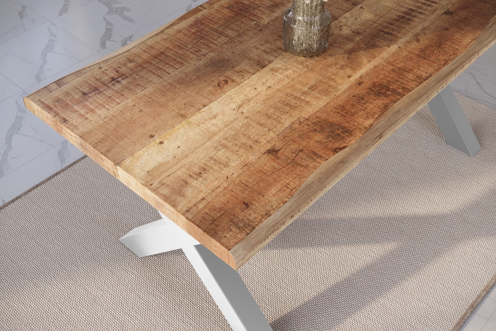 Esstisch Baumkante massiv Mango rough 200 x 100 X-Gestell silber ATLAS itemprop=