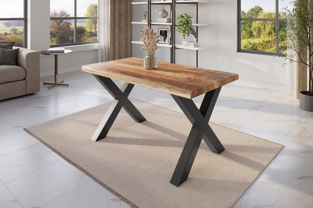 Esstisch Baumkante massiv Mango rough 140 x 80 X-Gestell schwarz ATLAS itemprop=