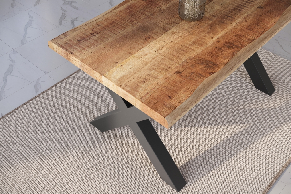 Esstisch Baumkante massiv Mango rough 140 x 80 X-Gestell schwarz ATLAS itemprop=