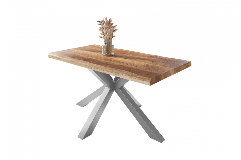 Esstisch Baumkante massiv Mango rough 160 x 85 Spider-Gestell silber ATLAS itemprop=
