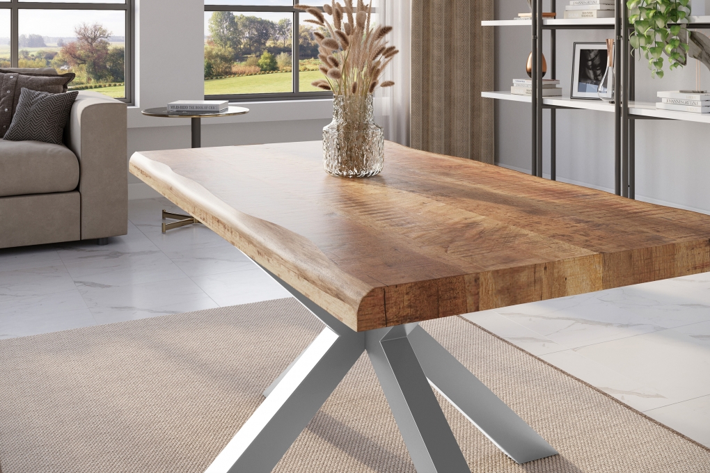 Esstisch Baumkante massiv Mango rough 160 x 85 Spider-Gestell silber ATLAS itemprop=