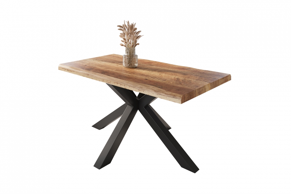 Esstisch Baumkante massiv Mango rough 160 x 85 Spider-Gestell schwarz ATLAS itemprop=