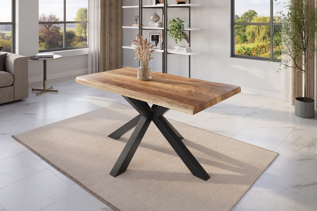 Esstisch Baumkante massiv Mango rough 160 x 85 Spider-Gestell schwarz ATLAS itemprop=