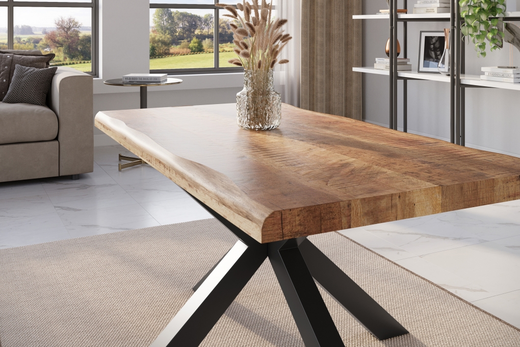 Esstisch Baumkante massiv Mango rough 160 x 85 Spider-Gestell schwarz ATLAS itemprop=