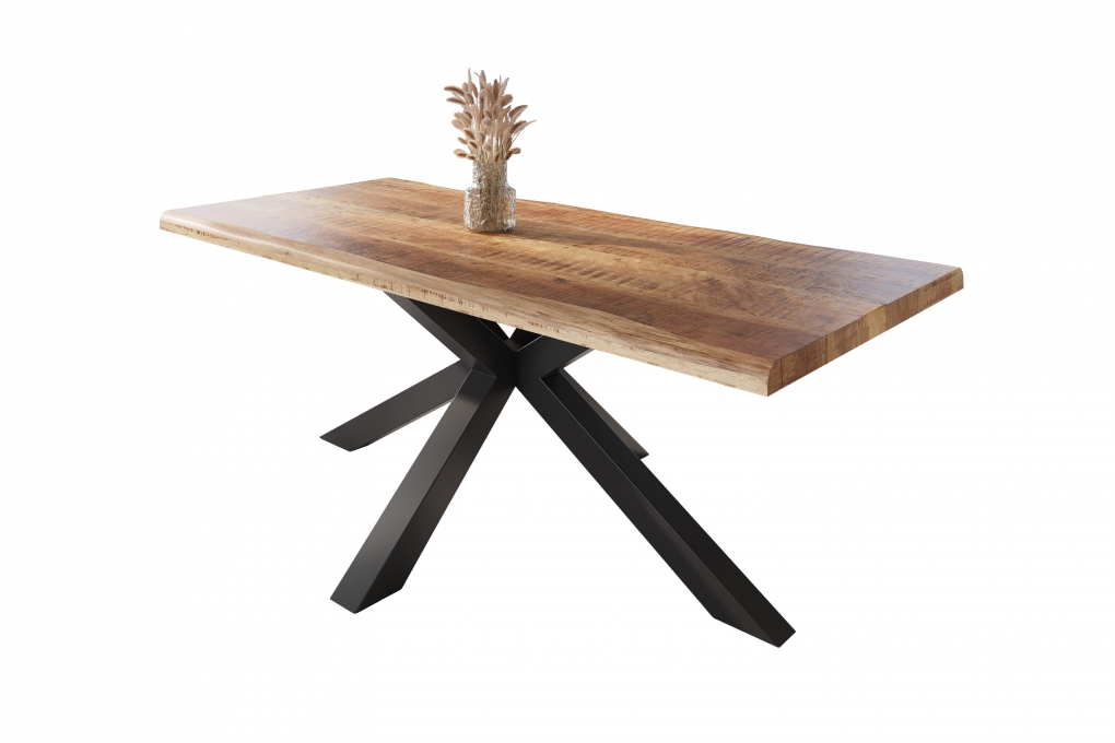 Esstisch Baumkante massiv Mango rough 200 x 100 Spider-Gestell schwarz ATLAS itemprop=