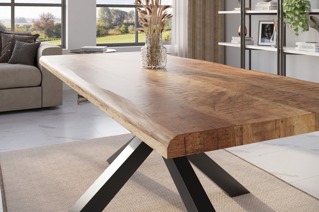 Esstisch Baumkante massiv Mango rough 200 x 100 Spider-Gestell schwarz ATLAS itemprop=