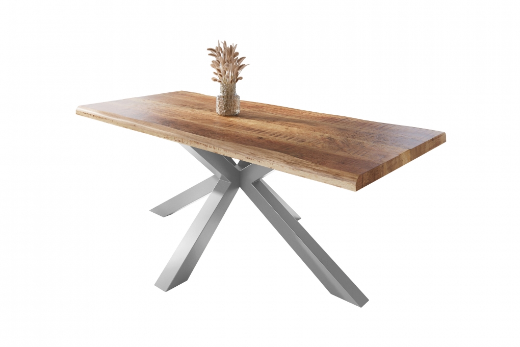 Esstisch Baumkante massiv Mango rough 220 x 100 Spider-Gestell silber ATLAS itemprop=