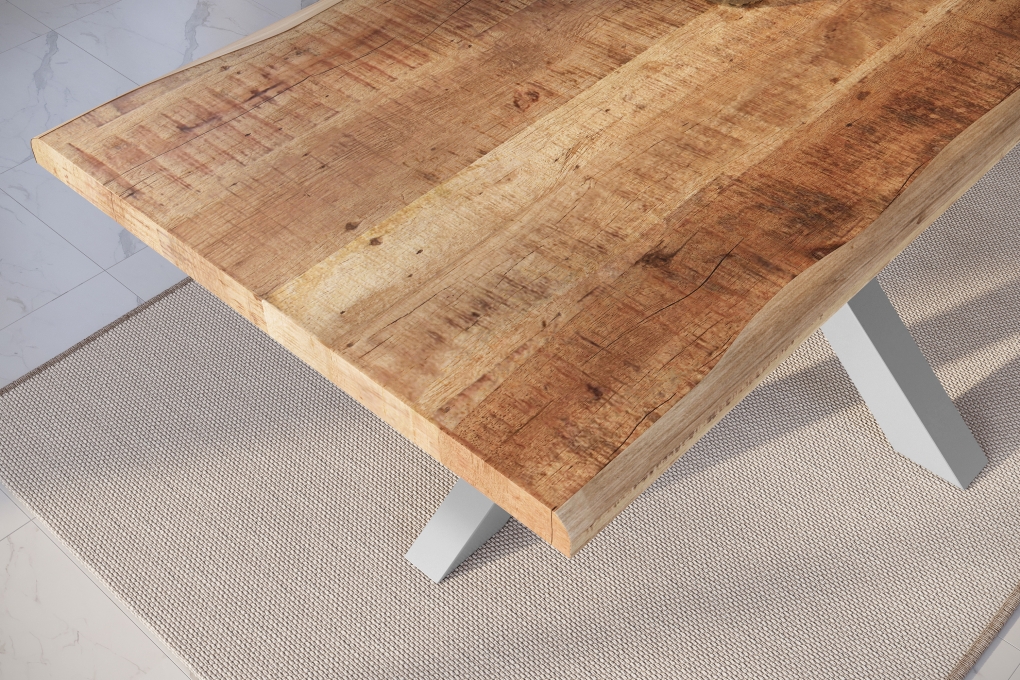 Esstisch Baumkante massiv Mango rough 220 x 100 Spider-Gestell silber ATLAS itemprop=