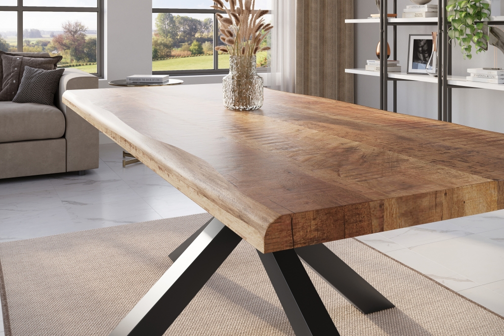 Esstisch Baumkante massiv Mango rough 240 x 100 Spider-Gestell schwarz ATLAS itemprop=