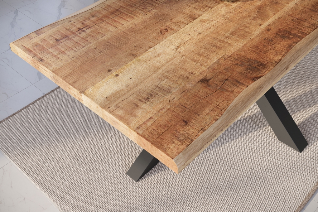 Esstisch Baumkante massiv Mango rough 240 x 100 Spider-Gestell schwarz ATLAS itemprop=