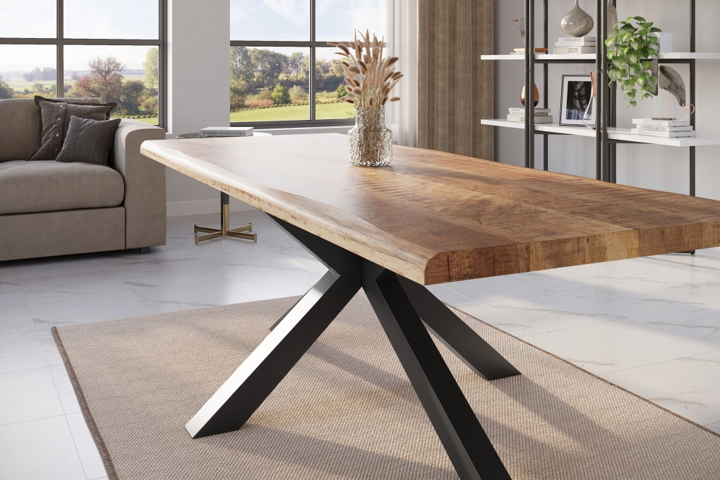 Esstisch Baumkante massiv Mango rough 280 x 100 Spider-Gestell schwarz ATLAS itemprop=