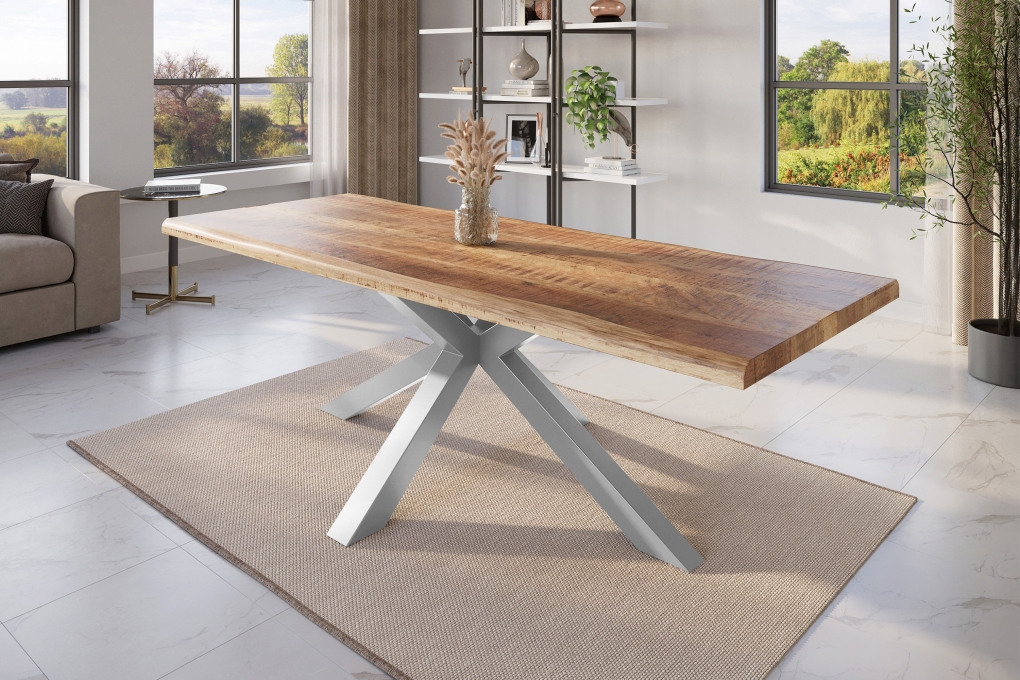 Esstisch Baumkante massiv Mango rough 300 x 100 Spider-Gestell silber ATLAS itemprop=