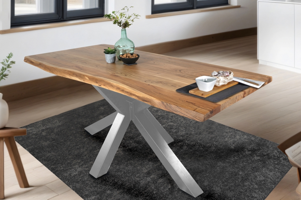 Esstisch Baumkante massiv Akazie Natur 180 x 90 Spider-Gestell silber TIM itemprop=