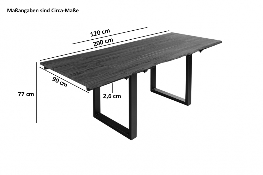 Baumkantentisch Akazie stonefarben 120 (200) x 90 cm Ansteckplatten schwarz NORINA itemprop=