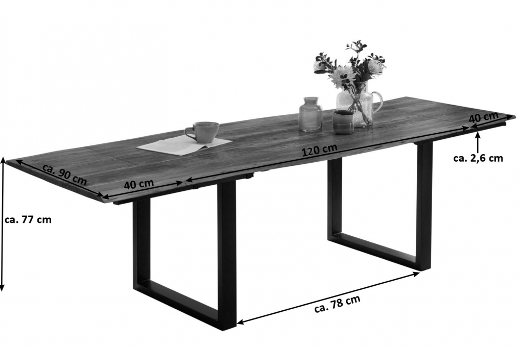Esstisch Baumkante Akazie natur 120(200)x90 Ansteckplatten silber ADINA itemprop=