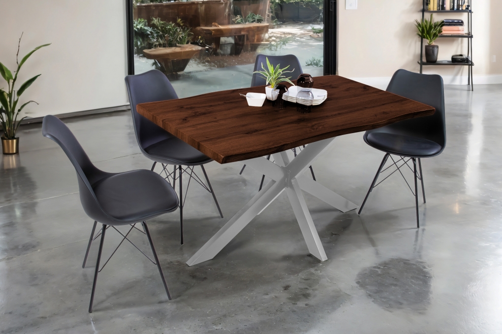 Esstisch Baumkante Holz Nussbaum-Optik 120 x 80 Spider-Gestell silber JOSY itemprop=