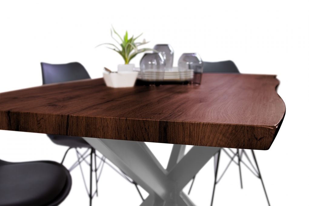 Esstisch Baumkante Holz Nussbaum-Optik 120 x 80 Spider-Gestell silber JOSY itemprop=