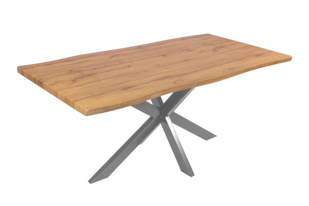 Esstisch Baumkante Holz Wildeiche-Optik 180 x 90 Spider-Gestell silber JOSY itemprop=