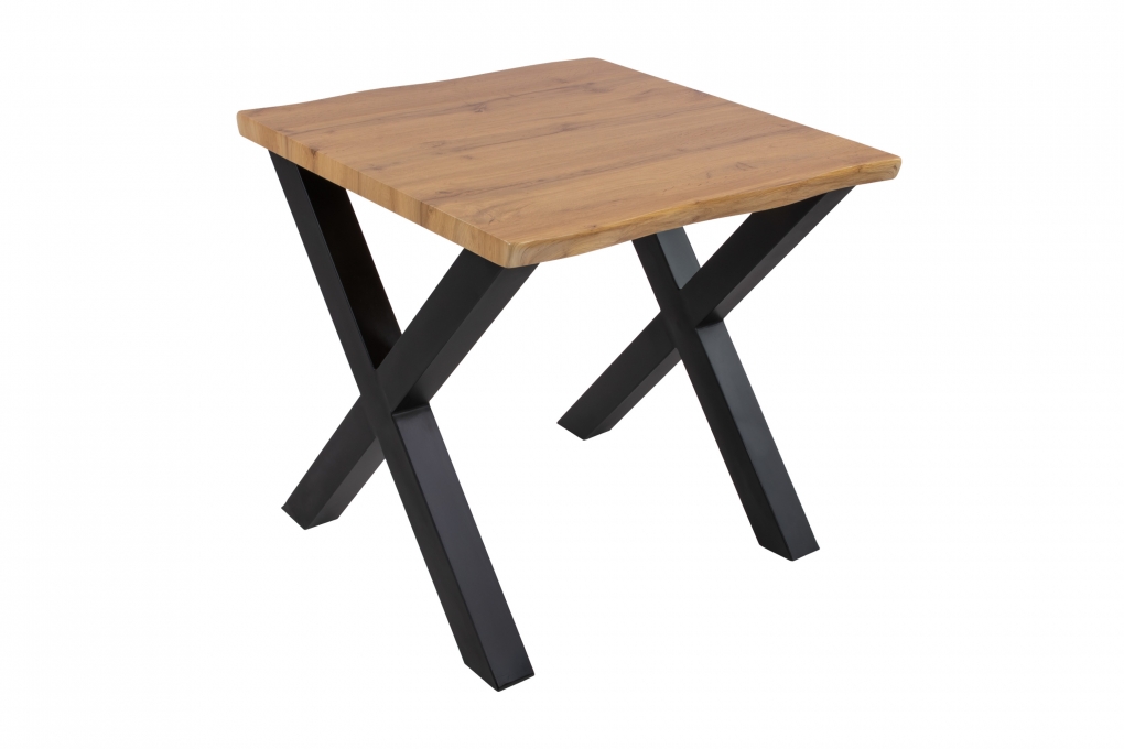 Esstisch Baumkante Holz-Optik Wildeiche 80 x 80 X-Gestell schwarz JOSY itemprop=