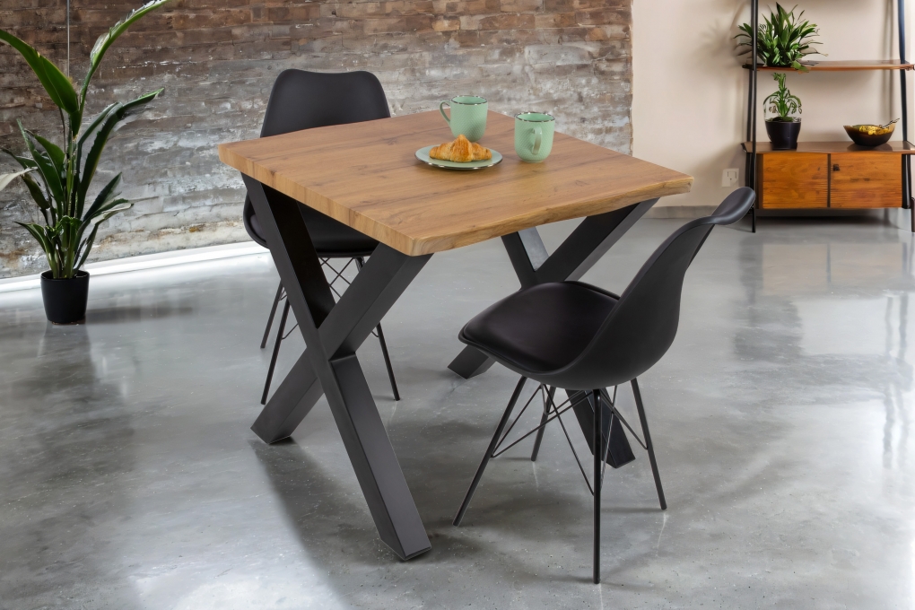 Esstisch Baumkante Holz-Optik Wildeiche 80 x 80 X-Gestell schwarz JOSY itemprop=