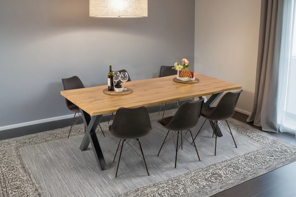 Esstisch Baumkante Holz-Optik Wildeiche 220 x 100 X-Gestell schwarz JOSY itemprop=