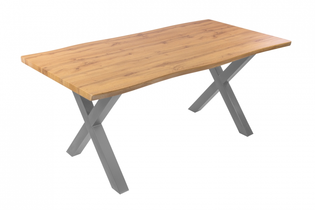 Esstisch Baumkante Holz Wildeiche-Optik 180 x 90 X-Gestell silber JOSY itemprop=