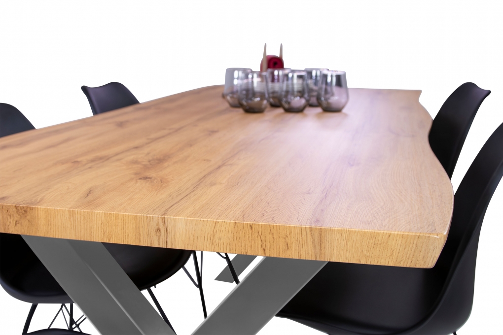 Esstisch Baumkante Holz Wildeiche-Optik 180 x 90 X-Gestell silber JOSY itemprop=
