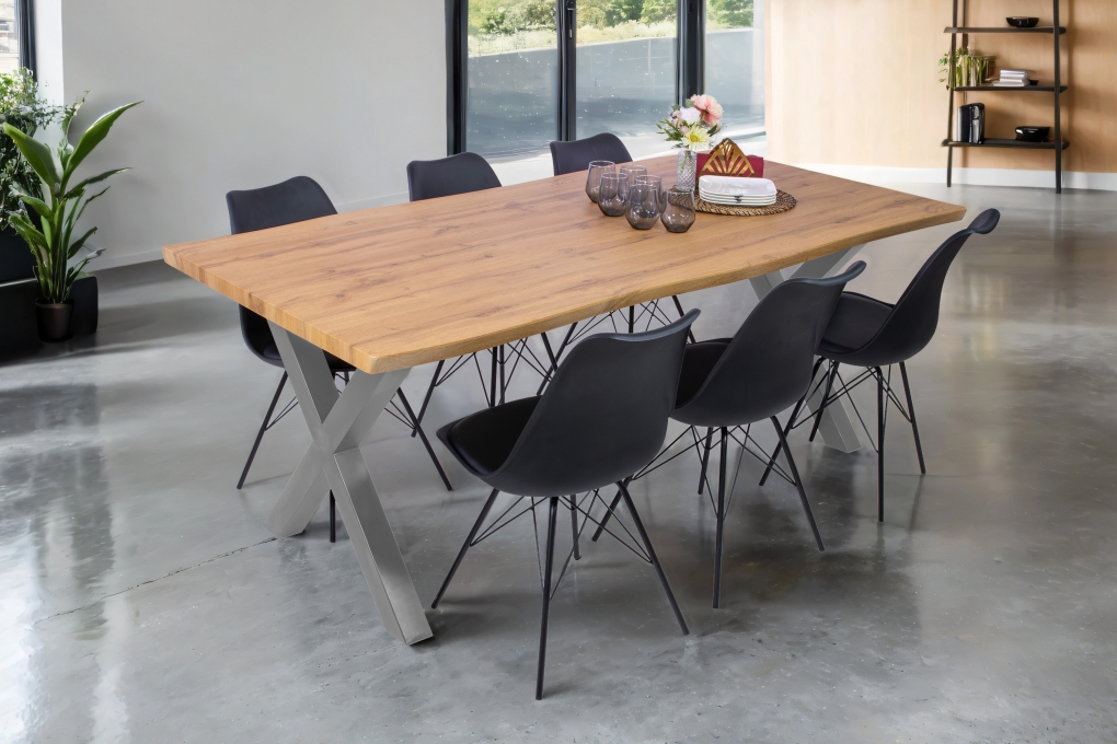 Esstisch Baumkante Holz Wildeiche-Optik 200 x 100 X-Gestell silber JOSY itemprop=