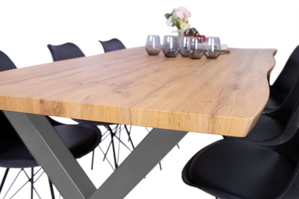 Esstisch Baumkante Holz Wildeiche-Optik 200 x 100 X-Gestell silber JOSY itemprop=