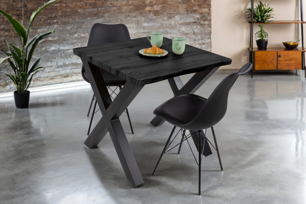 Esstisch Baumkante Holz-Optik Grau 80 x 80 X-Gestell schwarz JOSY itemprop=