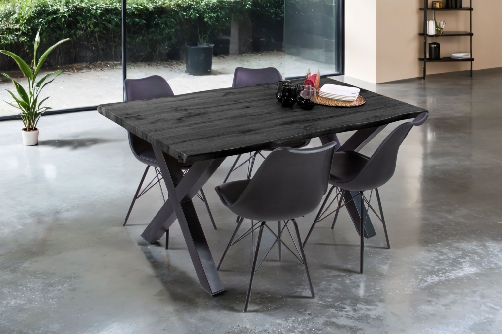 Esstisch Baumkante Holz-Optik Grau 160 x 85 X-Gestell schwarz JOSY itemprop=