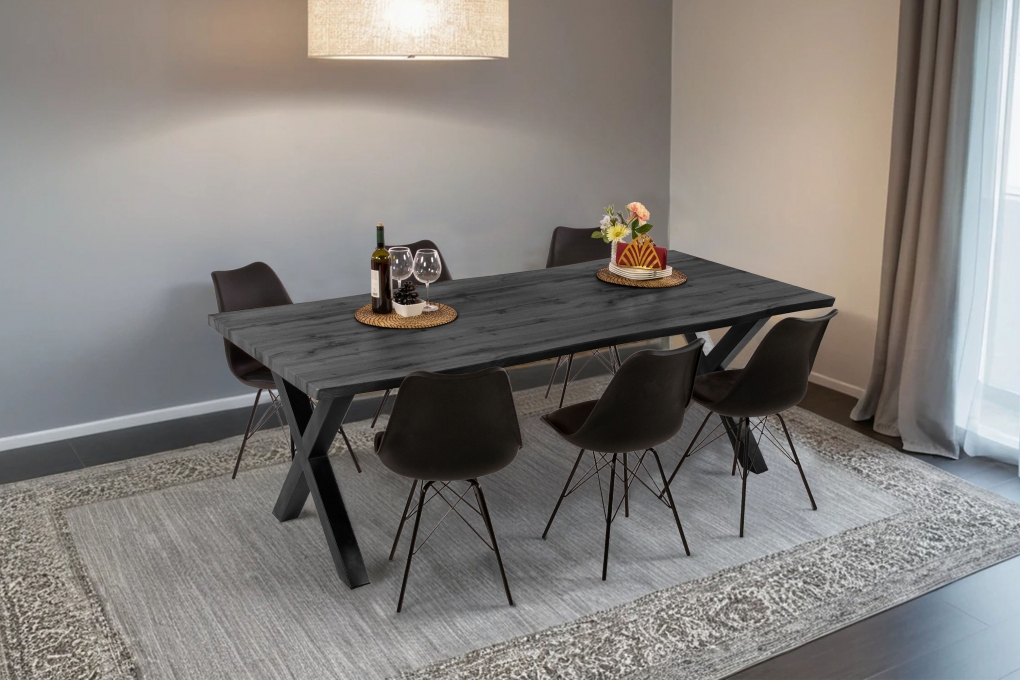 Esstisch Baumkante Holz-Optik Grau 220 x 100 X-Gestell schwarz JOSY itemprop=