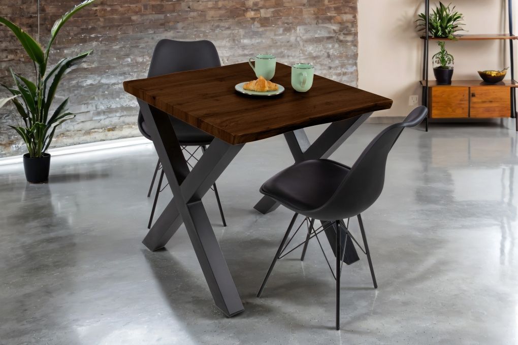 Esstisch Baumkante Holz-Optik Nussbaum 80 x 80 X-Gestell schwarz JOSY itemprop=