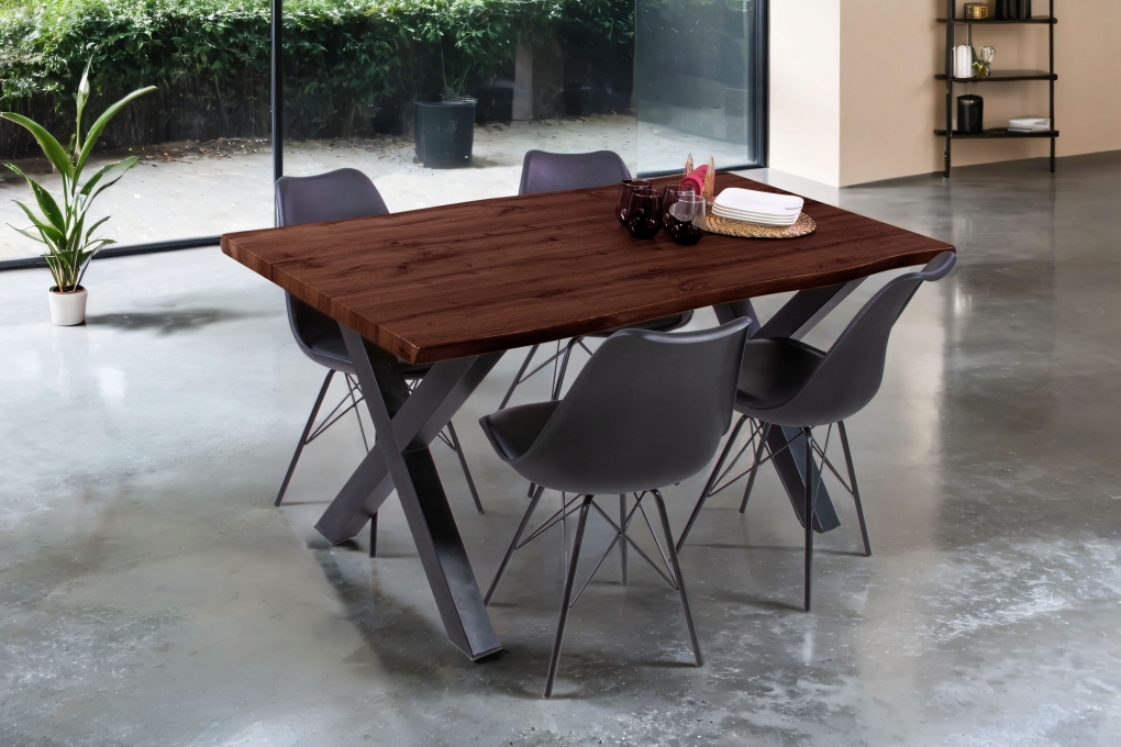 Esstisch Baumkante Holz-Optik Nussbaum 160 x 85 X-Gestell schwarz JOSY itemprop=