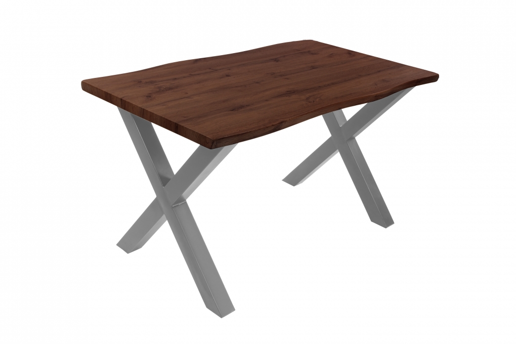 Esstisch Baumkante Holz-Optik Nussbaum 120 x 80 X-Gestell silber JOSY itemprop=