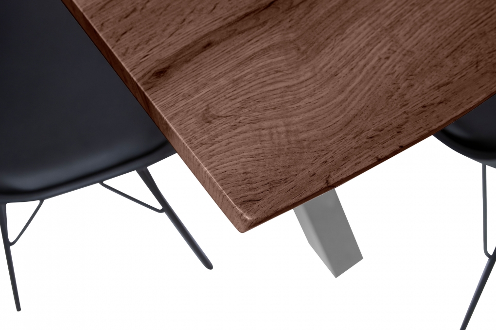 Esstisch Baumkante Holz-Optik Nussbaum 120 x 80 X-Gestell silber JOSY itemprop=