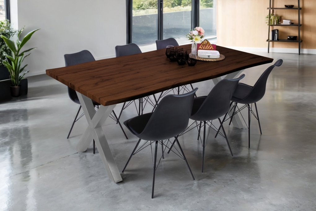 Esstisch Baumkante Holz-Optik Nussbaum 200 x 100 X-Gestell silber JOSY itemprop=