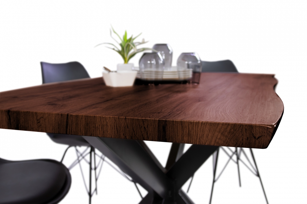 Esstisch Baumkante Holz-Optik Nussbaum 140 x 80 Spider-Gestell schwarz JOSY itemprop=