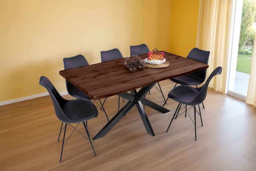 Esstisch Baumkante Holz-Optik Nussbaum 160 x 85 Spider-Gestell schwarz JOSY itemprop=